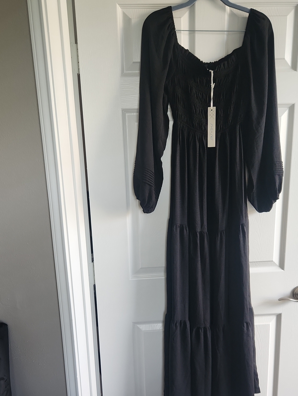 NWT She + Sky Black Smocked Long-Sleeve Maxi Dress - Picture 2 of 5
